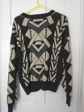Vintage Alan Stuart 90s Geometric Knit Leather Trim Sweater Grandpacore - Large